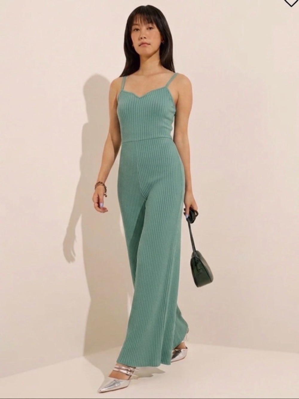NWT Nuon Sage Mint Green Ribbed Wide Leg Jumpsuit Back Cut-Out Medium Boho